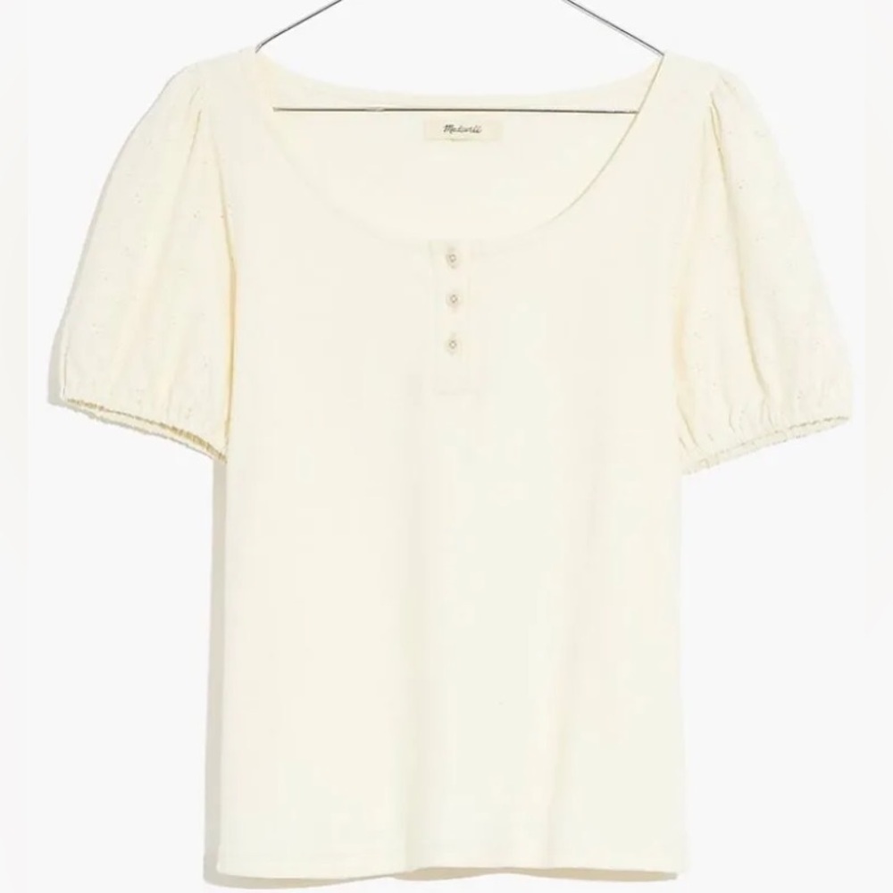 NWT Madewell Eyelet Sleeve Cotton Henley Top in Crème JCrew Popular officewear - Picture 3 of 16